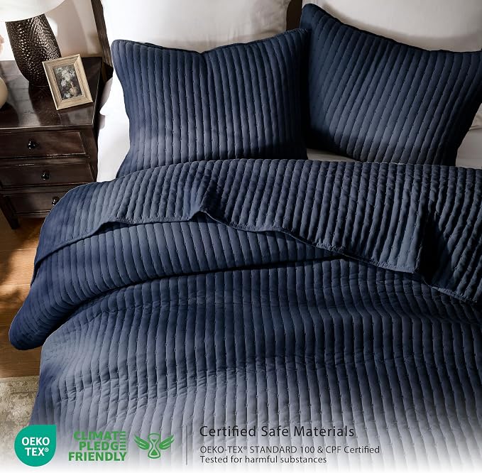 WDCOZY Navy Blue Cross Stitch Queen Size Quilt Set, Striped Lightweight Soft - Image 2
