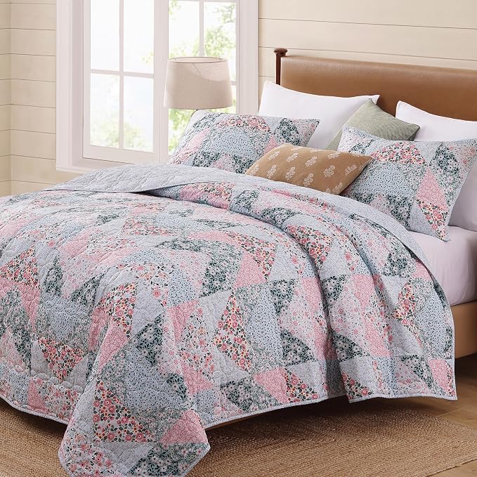 King Quilt Set-3 Pieces Soft Bedding Lightweight Floral Patchwork Coverlet | - Image 7