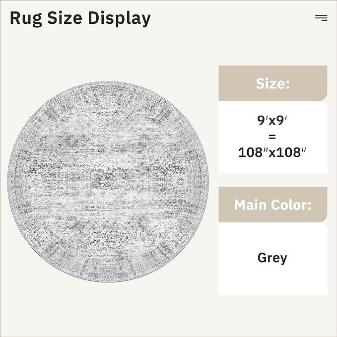 Soalmost Round Rugs 9ft Living Room Circle Area Rug 9x9 Grey Vintage | Washable - Image 3