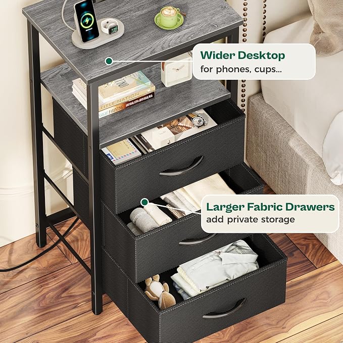 Huuger Night Stand with Charger Station and LED Lights, 3 Drawer Nightstand | - Image 7