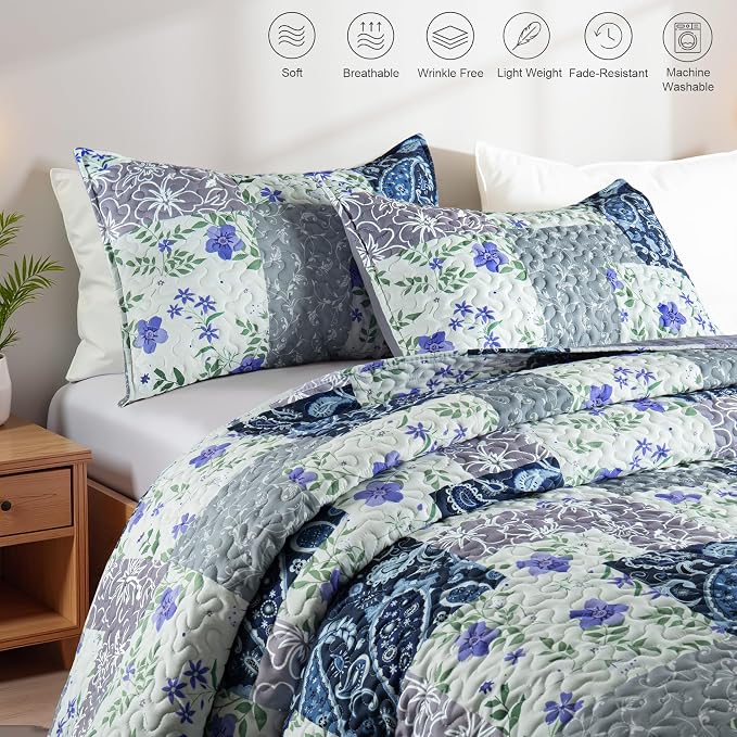 Whale Flotilla California King Size Quilt Set, Extra Soft Floral Bedspreads | - Image 3