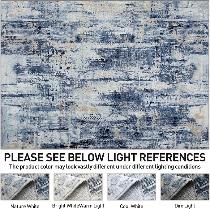 5x7 Area Rugs for Living Room: Washable Abstract Blue Gold Badroom Carpet | - Image 6