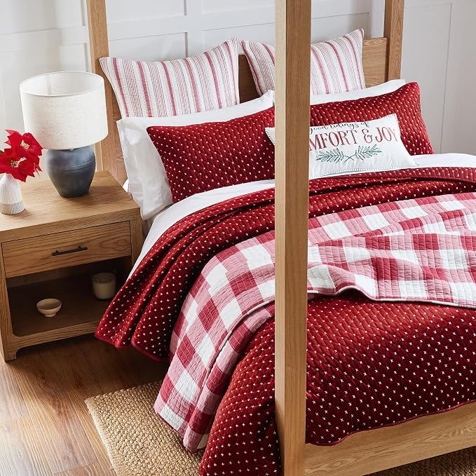 Levtex Home - Cross Stitch Velvet Red Quilt Set - Twin Quilt + One Standard - Image 3