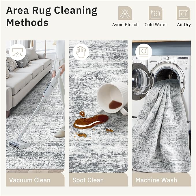 Soalmost 5x8 Area Rugs Grey Low Pile Washable Trendy Faded Style Rug | Vintage - Image 9