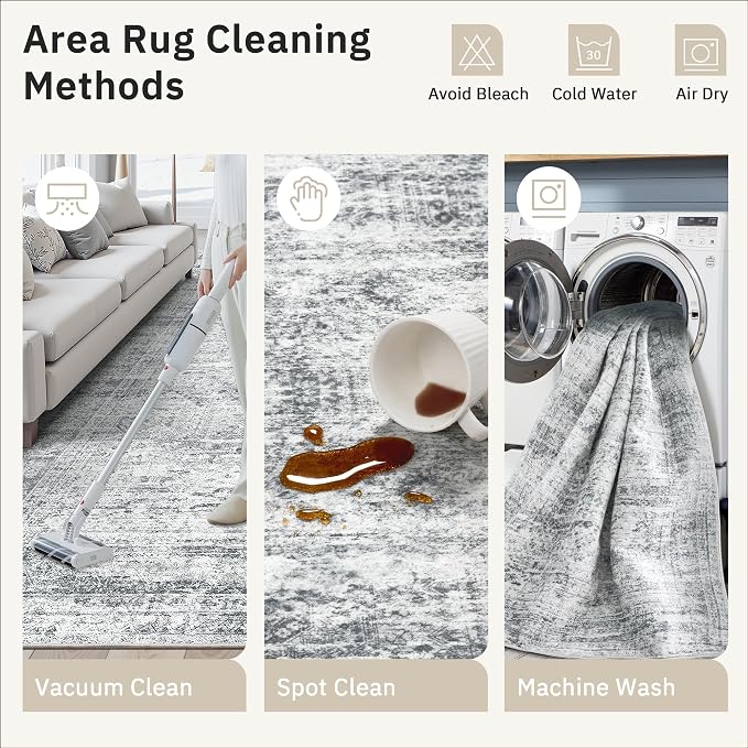 Soalmost Round Rugs 9ft Living Room Circle Area Rug 9x9 Grey Vintage | Washable - Image 7
