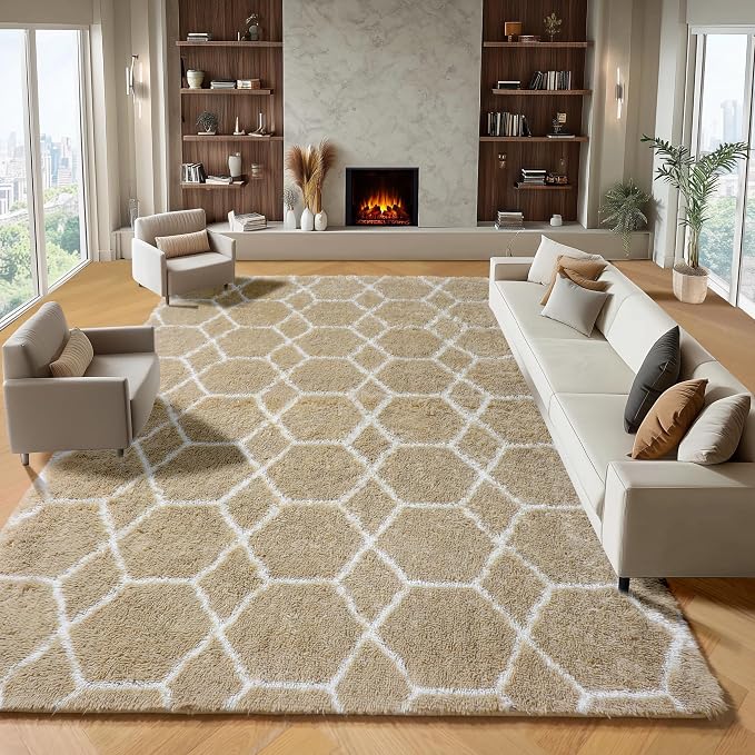 Large Area Rugs for Living Room, Fluffy 7x10 Beige and White Thick Floor Rug - Image 2