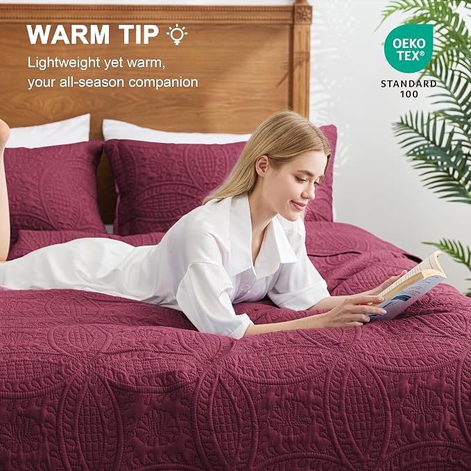 Love's cabin King Size Quilt Bedding Set Burgundy Bedspreads - Image 4