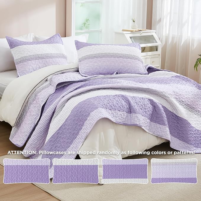 Queen Quilt Set Lavender, 3 Pieces Striped Bedspread | Ultra Soft Summer - Image 4