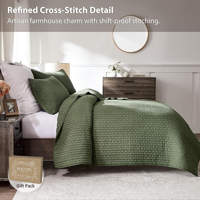 WDCOZY Olive Green Cross Stitch King Size Quilt Set, Striped Lightweight Soft - Image 3