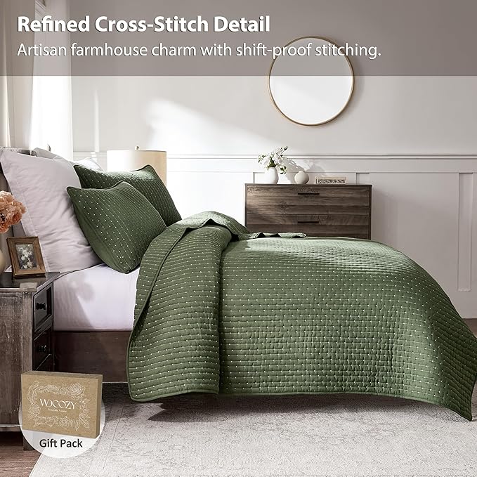 WDCOZY Olive Green Cross Stitch California Cal King Size Quilt Set, Oversized - Image 3