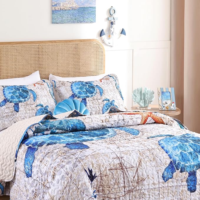 weigelia Coastal Quilt King Size, Nautical Lightweight Summer Bedding | Vintage - Image 3