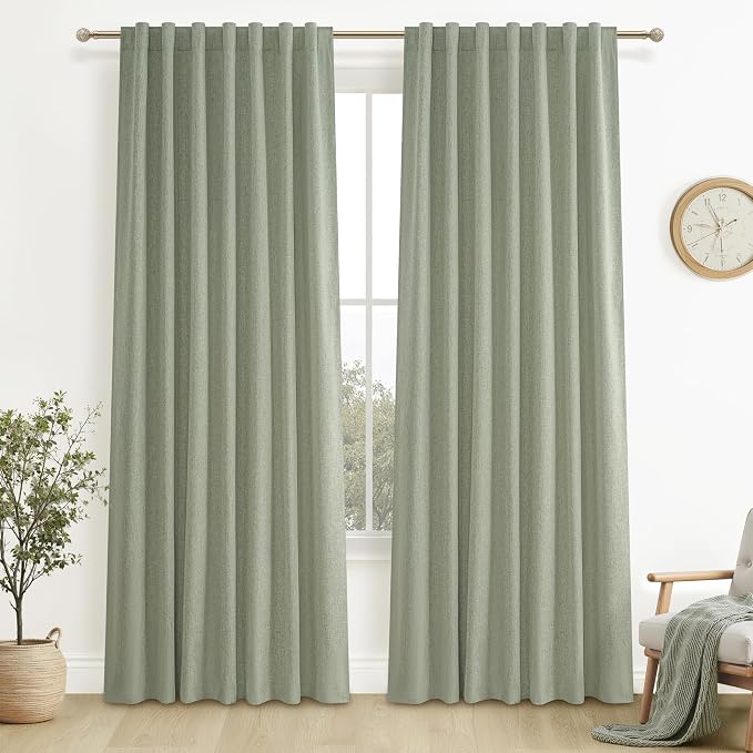 Sage Green Blackout Linen Curtains 86 Inches Long by QJMYDECO