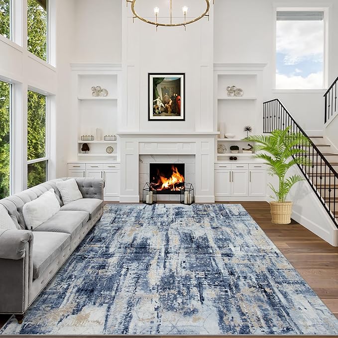 4x6 Area Rugs for Living Room: Washable Abstract Blue Gold Badroom Carpet | by GENTDRIZZ