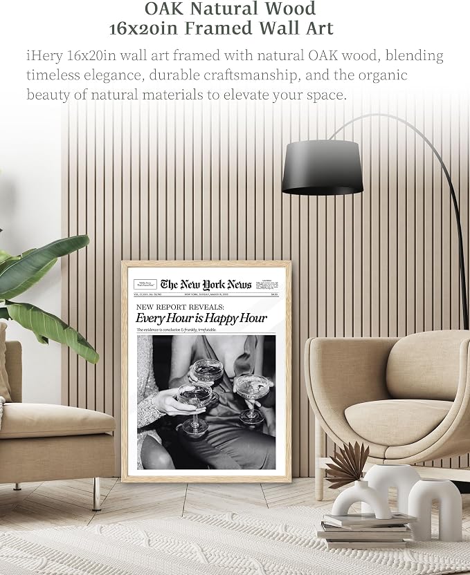iHery 16x20in Every Hour Is Happy Hour Framed Newspaper Wall Art | Natural OAK - Image 2
