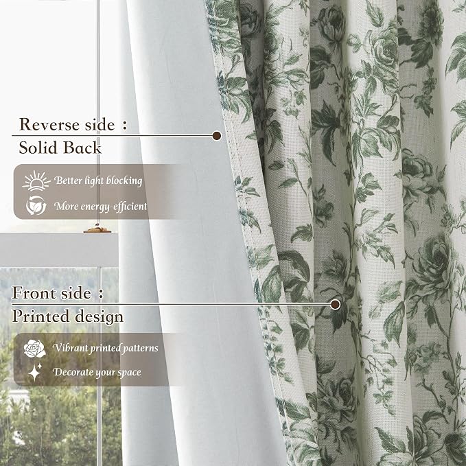 Sage Green Linen Blackout Floral Curtains 84 Inches 2 Panels | Floral Penoy - Image 7