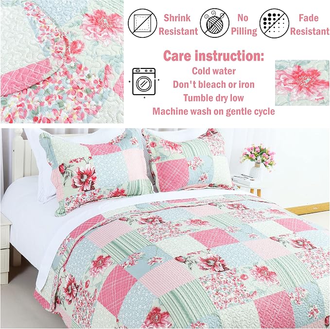 Cmfshape Summer Floral Queen Quilted Bedspread, Romantic Pink Quilt Set - Image 7