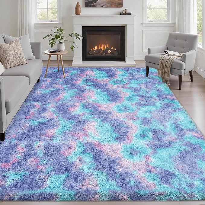 Area Rug Living Room Bedroom: 5x7 Fluffy Plush Shag Carpet Rainbow | by Luxturiy