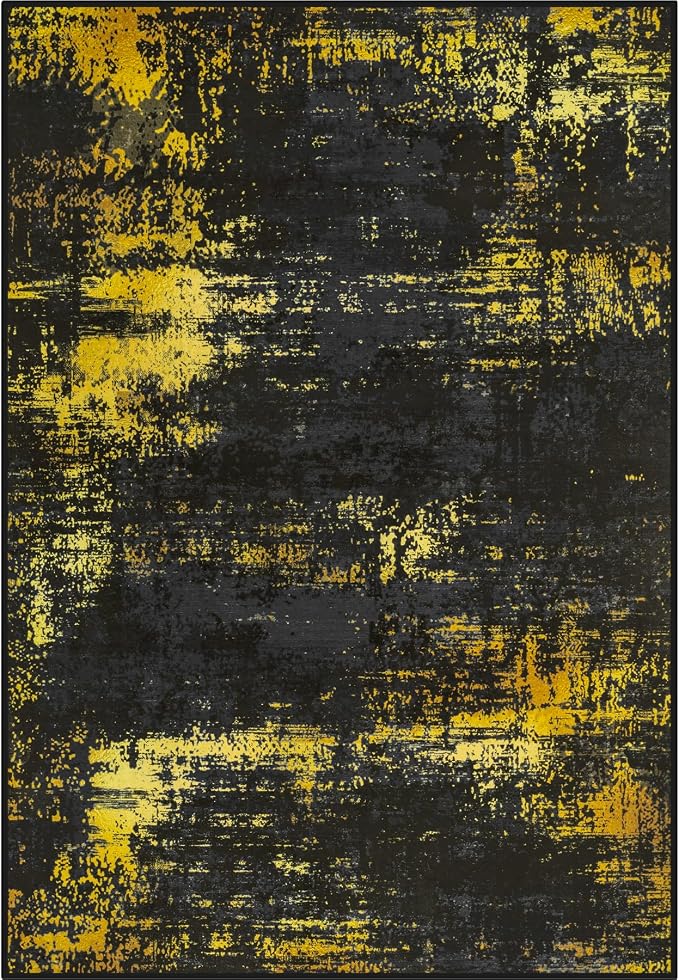 Area Rug Living Room: 8x8 Modern Washable Soft Carpet Black Gold | by FXRHLP