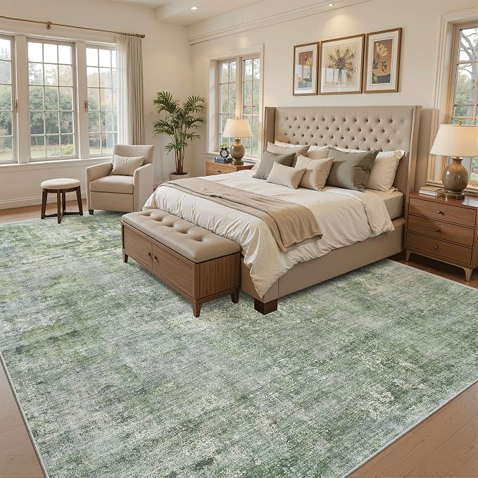 Soalmost Abstract Rug 8x10 Large Living Room Area Rugs Washable Green/Ivory | - Image 3