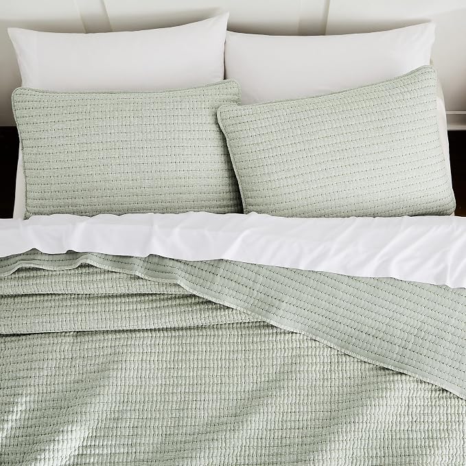 WDCOZY Sage Green Pick Stitch Twin Size Quilt Set, Striped Lightweight Soft by WDCOZY