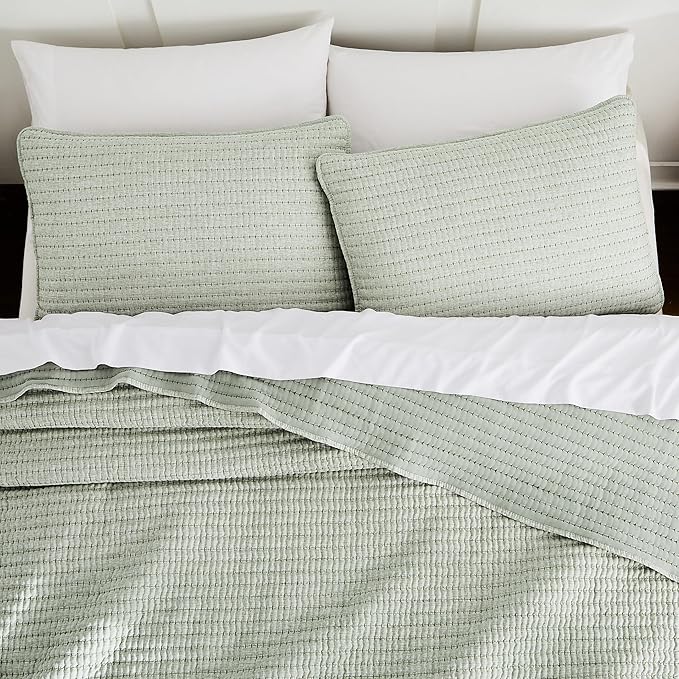 Sage Green Pick Stitch Oversized King Size Quilt Set, California King Striped by WDCOZY
