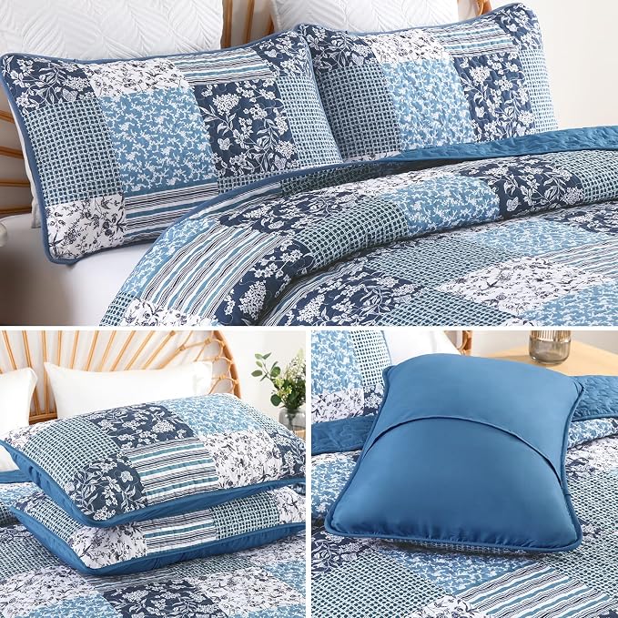 Mybedsoul Navy Blue Quilt Set Queen Size, 3 Pieces Plaid Floral Bedspread Set - Image 6
