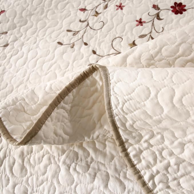 Quilt Set King Floral Leaves 3D Embroidery Pattern 3-Piece Cotton Blend | - Image 9