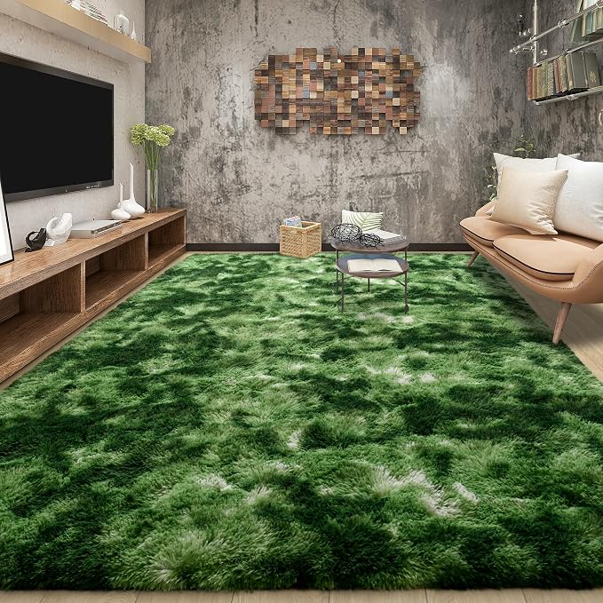 Fluffy Dark Green Rugs for Living Room Bedroom, 8x10 Soft Area Rug Tie-Dyed by Tepook