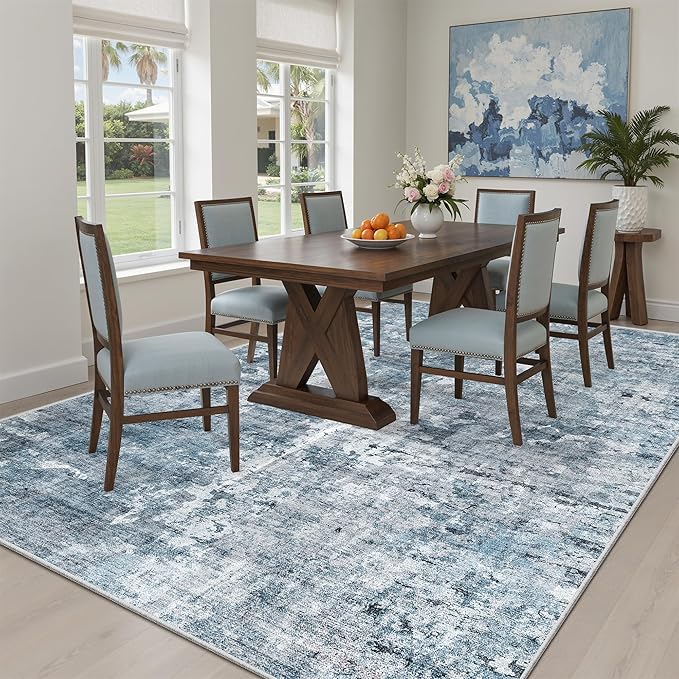 Soalmost Abstract 7x9 Area Rug for Living Room Washable Rugs Blue/Grey | - Image 4