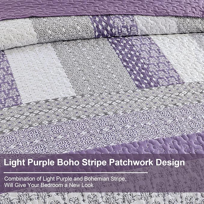 WONGS BEDDING Purple Queen Quilt Bedding Set, Bohemian Stripe Bedspread | - Image 5