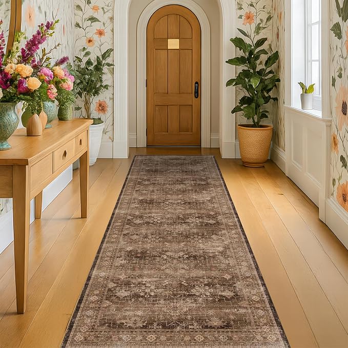 Brown Washable Long Runners for Hallways, 3x8 Wide Kitchen Runner Rug, Entryway by HazoHaus