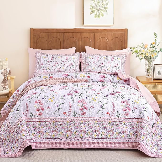 WONGS BEDDING Floral Quilt Set King, Microfiber Lightweight Farmhouse Bed Cover by WONGSBEDDING