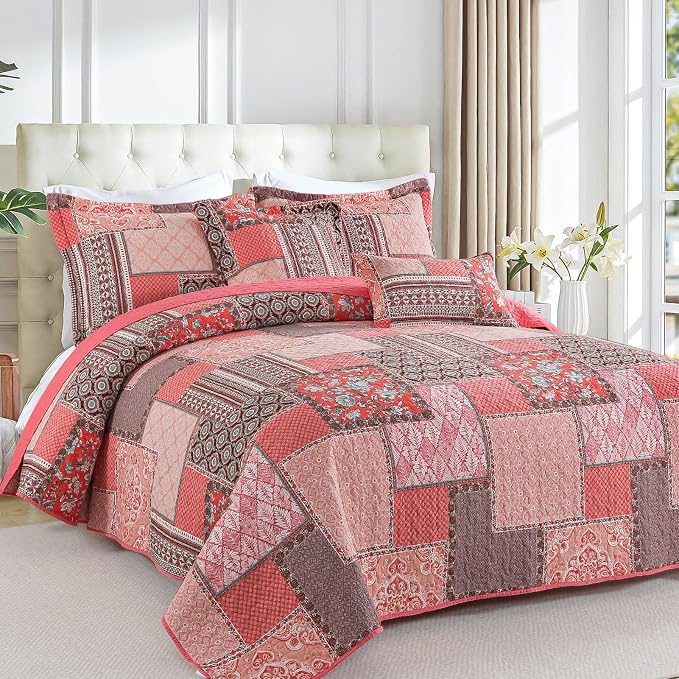 BEDIFANY Pink King Quilt Set, 100% Cotton Cover King Size Quilt Bedding Set | 3 - Image 2