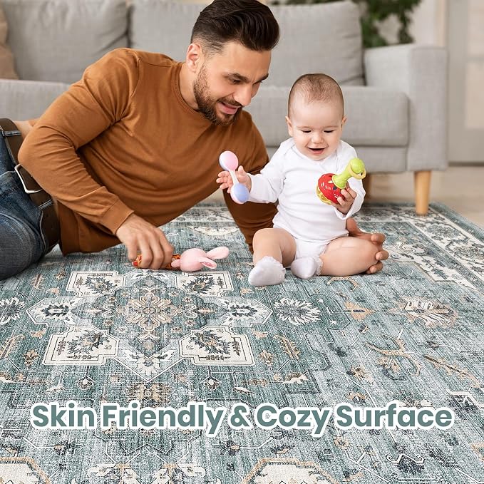 cotiled 5x8 Area Rug for Living Room, Traditional, Denim Blue | Soft Distressed - Image 3