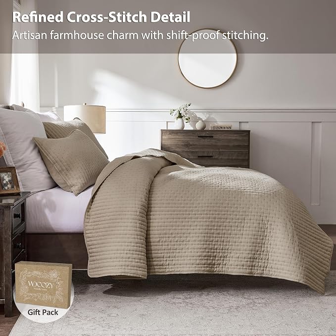 WDCOZY Dark Beige Cross Stitch Queen Size Quilt Set, Striped Lightweight Soft - Image 3