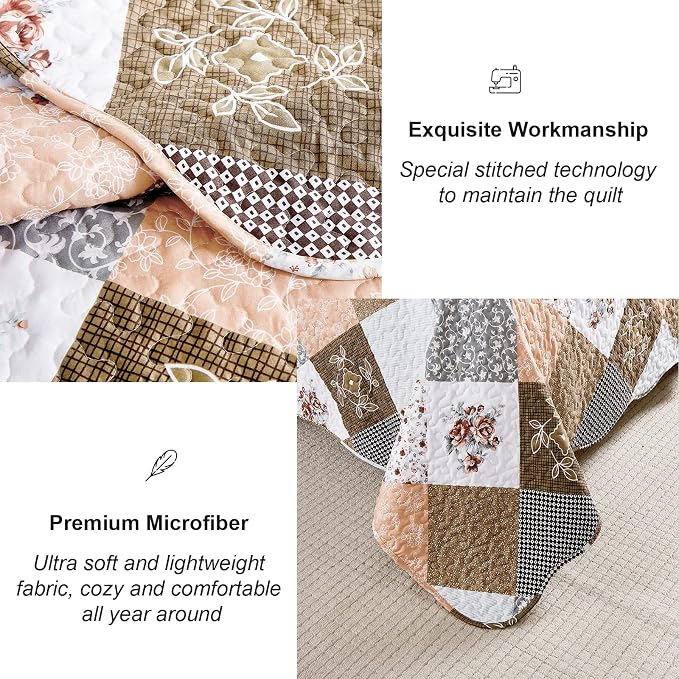 Dinjoy Patchwork Quilt Set Queen Size, Boho Floral Bedspreads, 3 Pieces | - Image 4