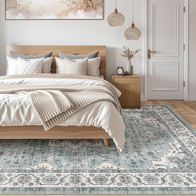 cotiled 5x8 Area Rug for Living Room, Traditional, Denim Blue | Soft Distressed - Image 6
