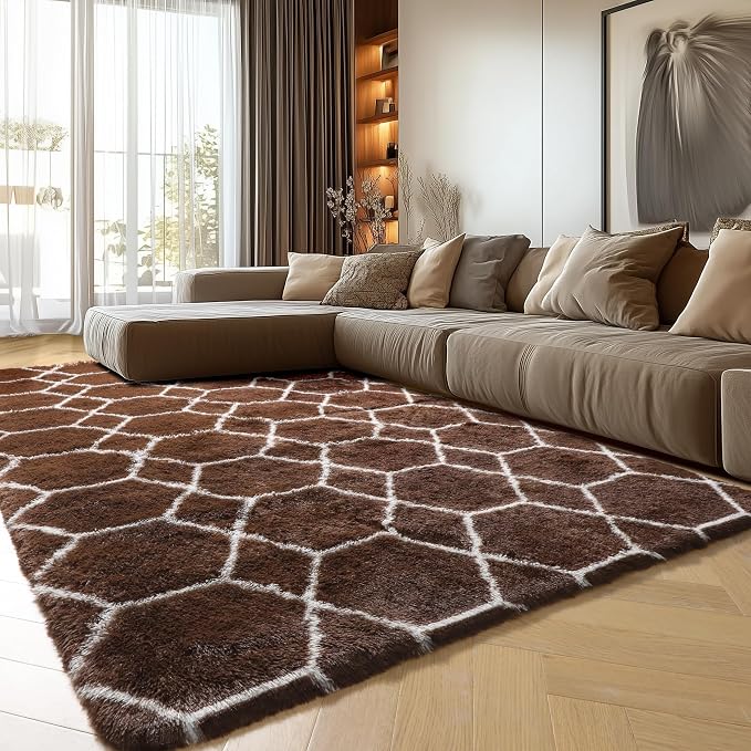 5x7 Area Rugs for Living Room Bedroom, Fluffy Brown and White Throw Rug - Image 9