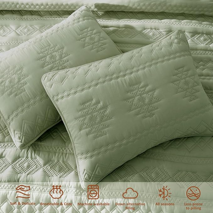 WDCOZY Boho Sage Green Oversized California Cal King Size Quilt Bedding Sets - Image 4