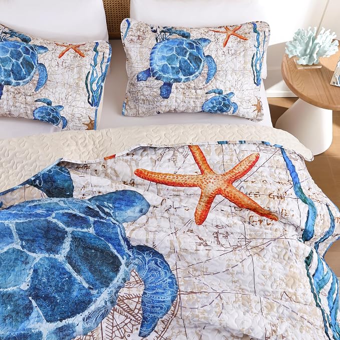 weigelia Coastal Quilt King Size, Nautical Lightweight Summer Bedding | Vintage - Image 2