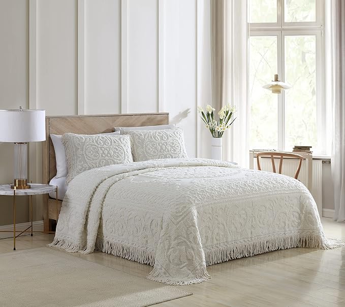 Beatrice Home Fashions Medallion King Cotton Chenille Sham, Ivory | Vintage - Image 2