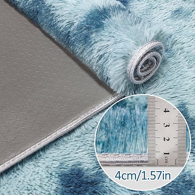 Super Soft Fluffy Living Room Area Rug 3x10 ft Tie-Dyed Light Blue Shaggy Furry - Image 5