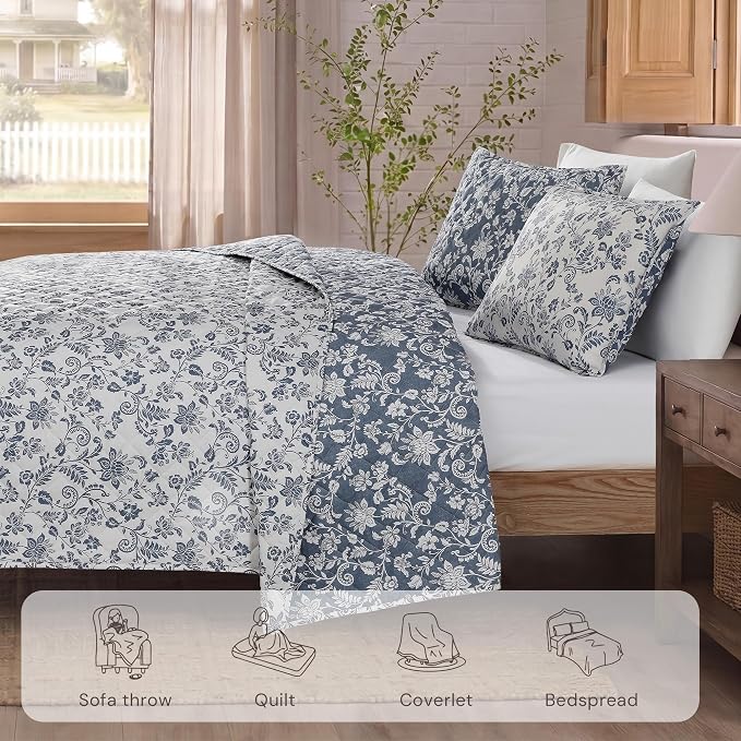 King Quilt Set-3 Pieces Soft Bedding Floral Reversible Coverlet | All Seasons - Image 5