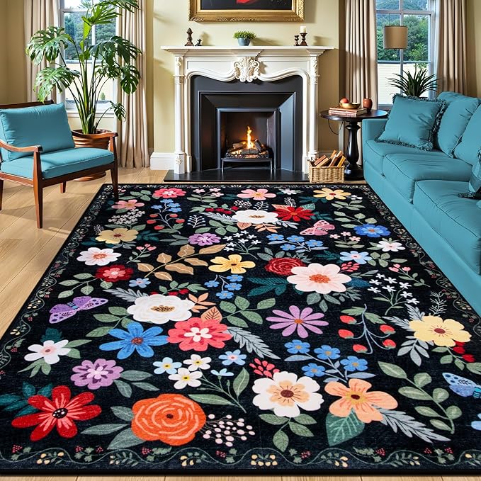 PLHXFR Area Rug 10x12 Living Room: Floral Washable Boho Soft Carpet Black | by PLHXFRSoftAreaRugs