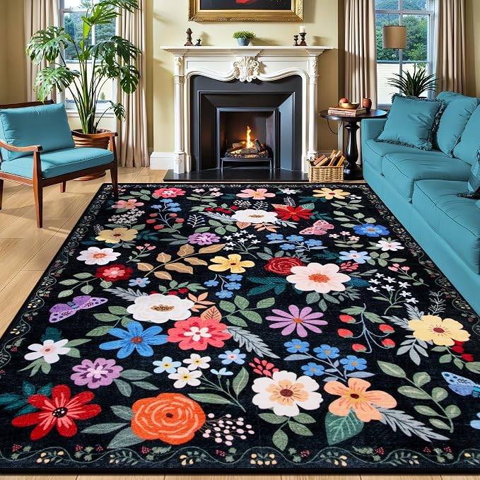 PLHXFR 8x10 Area Rug Living Room: Floral Washable Boho Soft Carpet Black | by PLHXFRSoftAreaRugs