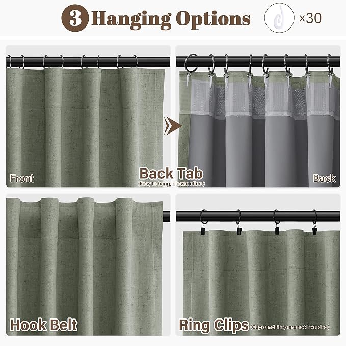 Sage Green 100% Blackout Linen Curtains 63 Inches Long Textured Country - Image 2