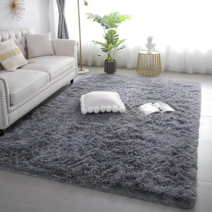 6x9 Grey Shag Rug for Bedroom, Soft Plush Fluffy Washable Carpet | Gray Area by KICHOWUA