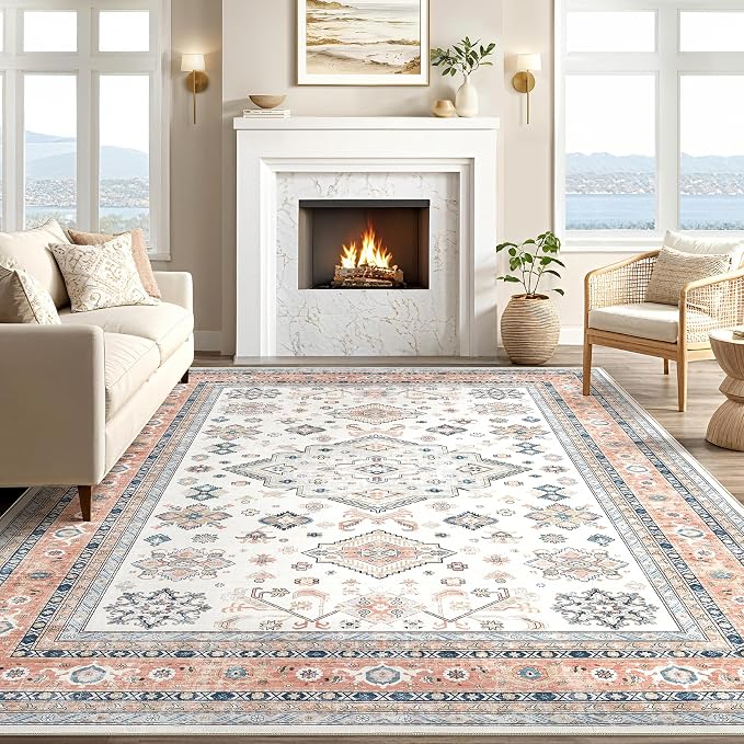 cotiled 6x9 Area Rug for Living Room, Traditional, Coral Pink | Soft Distressed - Image 5