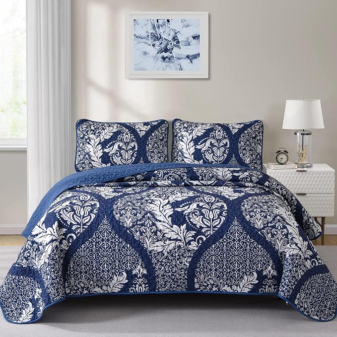 DJY Damask Quilt Set King Size, Boho Lightweight Bedding Set 3 Pcs, Soft by HOME