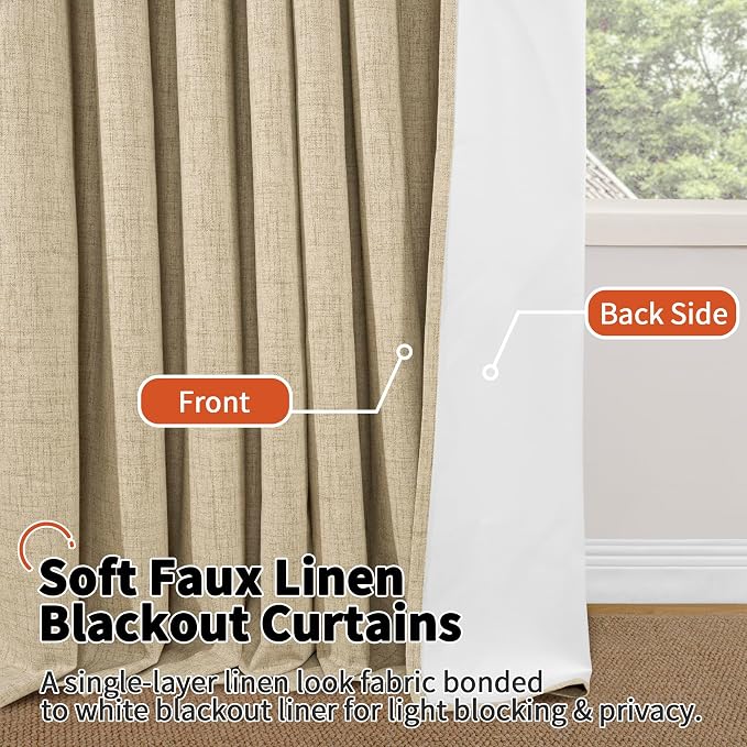 Burlap Linen Blackout Curtains 63 Inch Long Each 60 Wide 2 Panels | Thermal - Image 8